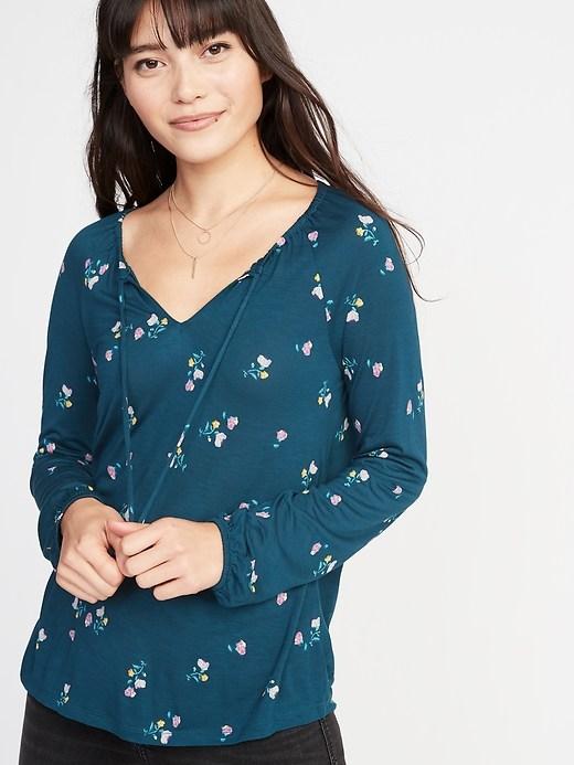 Old Navy Womens Relaxed Tie-neck Balloon-sleeve Top For Women Teal Floral Ground Size Xs