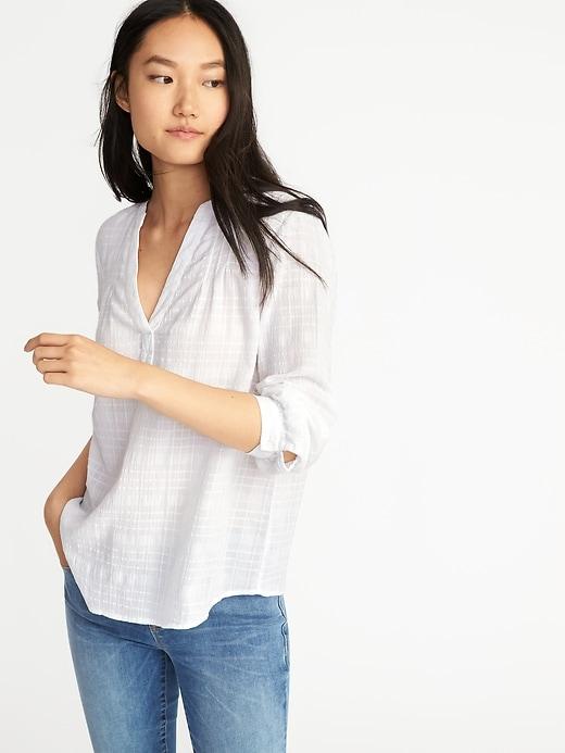 Old Navy Womens Relaxed Dobby-windowpane Popover Shirt For Women Calla Lilies Size S