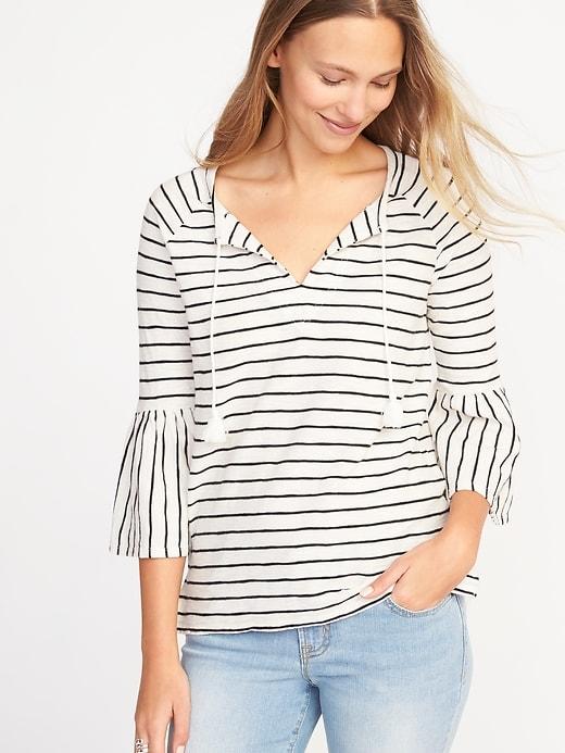 Old Navy Womens Tassel-tie Bell-sleeve Swing Top For Women Black Stripe Size Xl