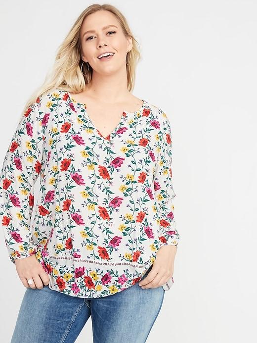 Old Navy Womens Split-neck Floral-print Plus-size Blouse White Floral Size 1x