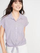 Old Navy Womens Relaxed Tie-hem Button-front Striped Shirt For Women Purple Stripe Size Xs