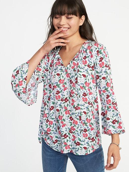 Old Navy Womens Floral Tie-neck Bell-sleeve Blouse For Women White Floral Size Xs