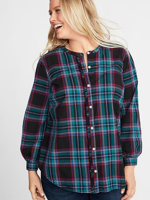Old Navy Womens Relaxed Plaid Ruffle-trim Plus-size No-peek Shirt Navy Tartan Size 2x