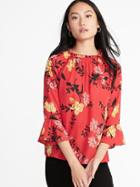 Old Navy Womens Ruffled Georgette Bell-sleeve Blouse For Women Red Floral Size Xs