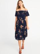 Old Navy Womens Off-the-shoulder Waist-defined Midi Dress For Women Navy Floral Size L