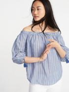 Old Navy Womens Off-the-shoulder Tassel-cuff Top For Women Blue Stripe Size L