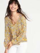 Old Navy Womens Boho Tassel-tie Swing Top For Women Yellow Floral Size L