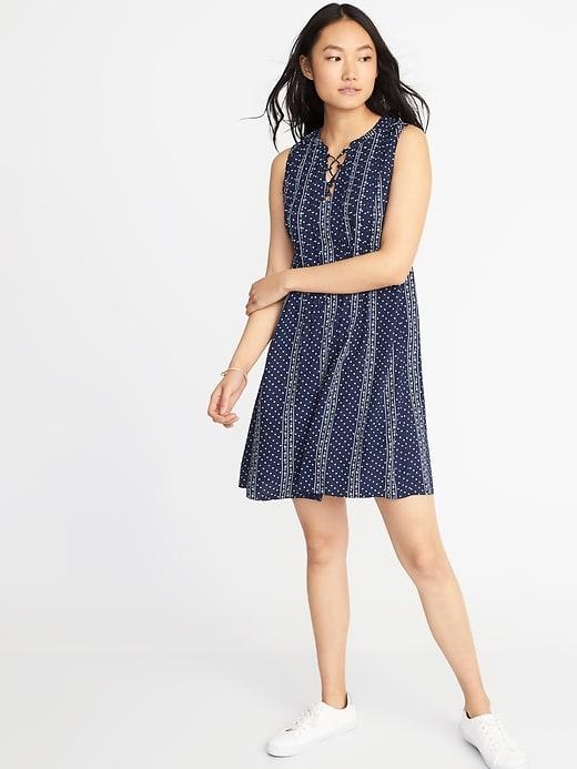 Old Navy Womens Sleeveless Pintuck Swing Dress For Women Navy Blue Print Size M