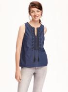 Old Navy Embroidered Chambray Top For Women - Mid Tone Chambray