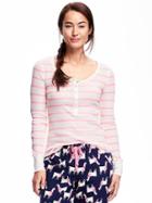 Old Navy Semi Fitted Waffle Knit Henley Tee For Women - Pink Stripe