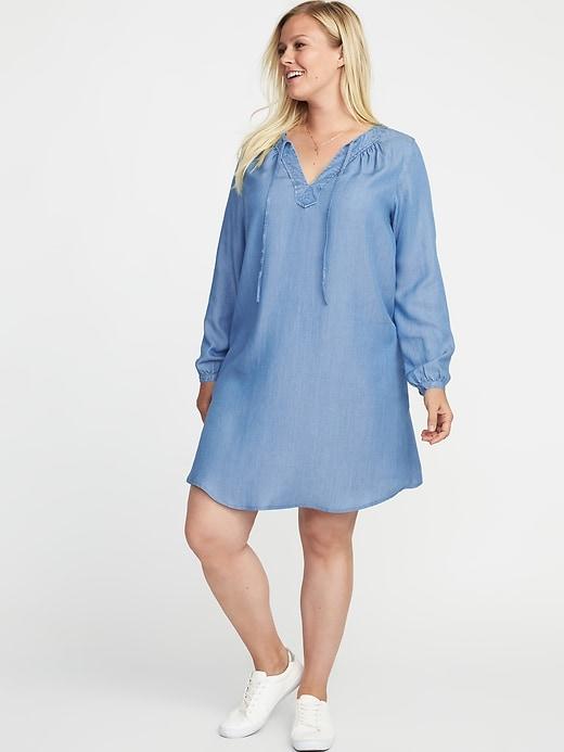 Old Navy Womens Plus-size Tie-neck Tencel Shift Dress Chambray Blue Size 2x