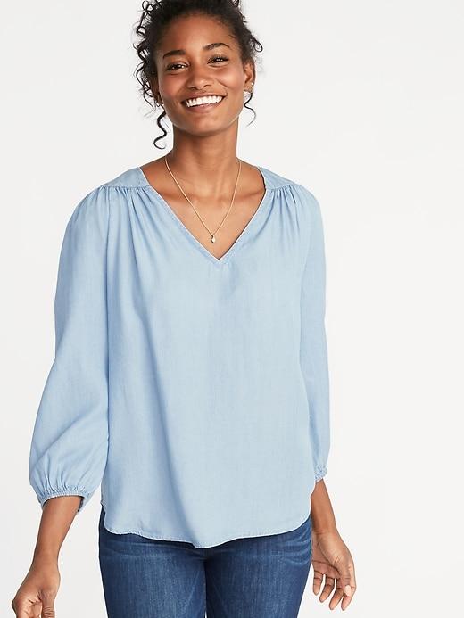 Old Navy Womens Shirred Tencel Swing Blouse For Women Light Wash Size M