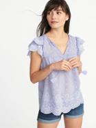 Old Navy Womens Embroidered Eyelet Ruffle-sleeve Blouse For Women Chambray Blue Size L