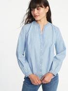 Old Navy Womens Ruffled Banded-collar Chambray Shirt For Women Medium Wash Size L