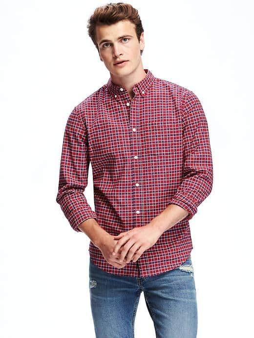 Old Navy Slim Fit Plaid Oxford Stretch Shirt For Men - Red Aloud
