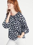 Bubble-sleeve Daisy-print Top For Women