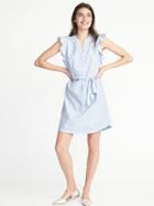 Old Navy Womens Ruffle-trim Tie-belt Shirt Dress For Women Light Blue Print Size Xxl
