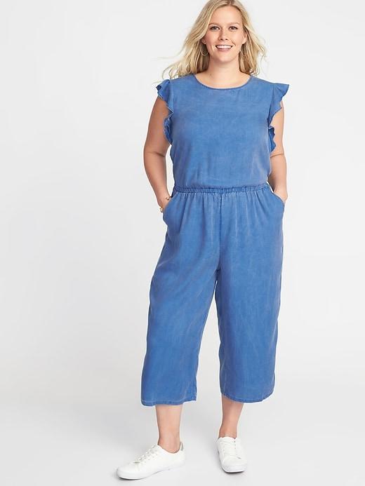 Old Navy Womens Waist-defined Plus-size Ruffle-trim Jumpsuit Blue Fortune Size 3x