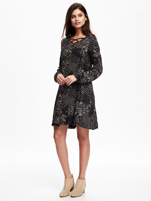 Old Navy Lace Up Yoke Swing Dress For Women - Black Print
