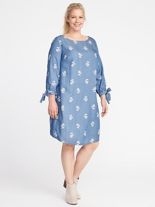 Old Navy Womens Plus-size Tie-cuff Tencel Shift Dress Chambray Print Size 1x