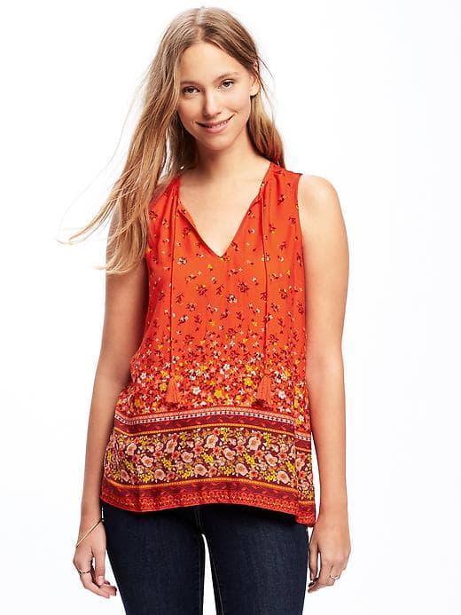 Old Navy Boho Tassel Front Tank For Women - Red Print