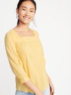Square-neck Slub-weave Blouse For Women