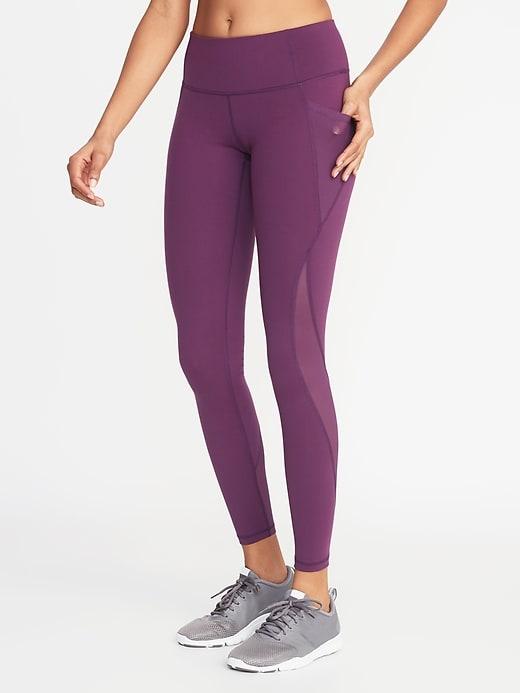 Mid-rise Elevate Side-pocket Mesh-trim Compression Leggings For Women