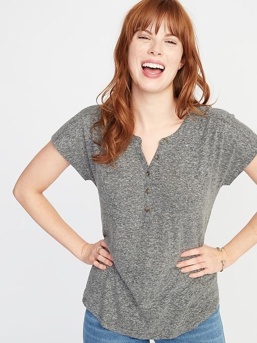 Linen-blend Dolman-sleeve Henley For Women