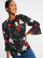 Old Navy Womens Ruffled Georgette Bell-sleeve Blouse For Women Black Floral Size Xs