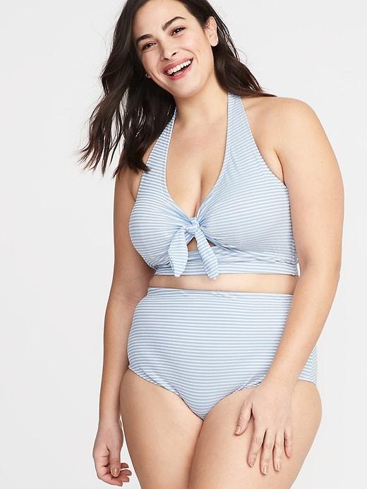 Seersucker-stripe Plus-size Long-line Halter Swim Top