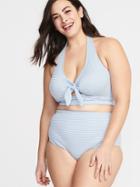 Seersucker-stripe Plus-size Long-line Halter Swim Top