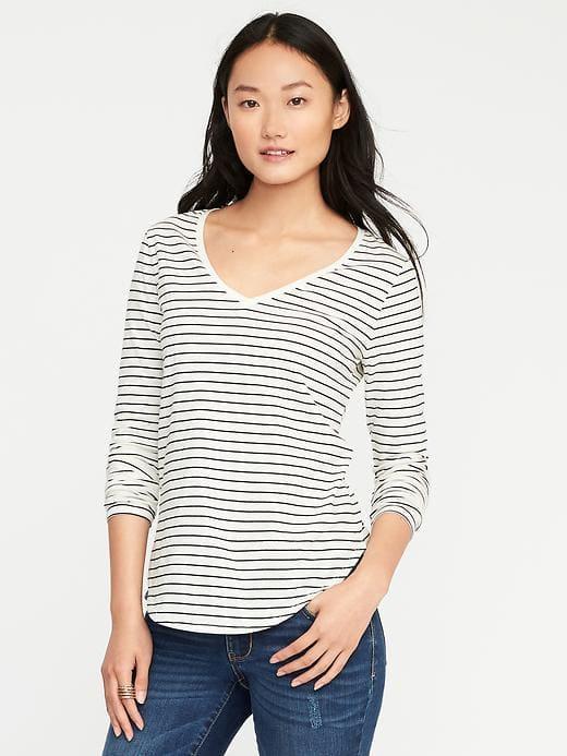 Old Navy Womens Everywear Curved-hem V-neck Tee For Women White Stripe Size Xxl