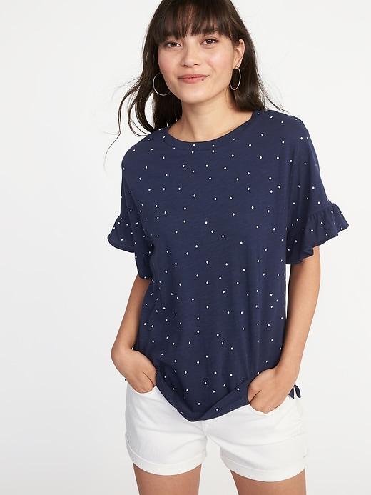 Old Navy Womens Ruffle-sleeve Slub-knit Top For Women Navy Dots Size L