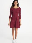 Old Navy Womens Printed 3/4-sleeve Fit & Flare Dress For Women Burgundy Dot Size S