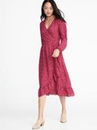 Old Navy Womens Ruffle-trim Faux-wrap Georgette Dress For Women Magenta Ditsy Floral Size Xl