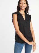 Old Navy Womens Relaxed Ruffle-sleeve Twill Blouse For Women Black Size S