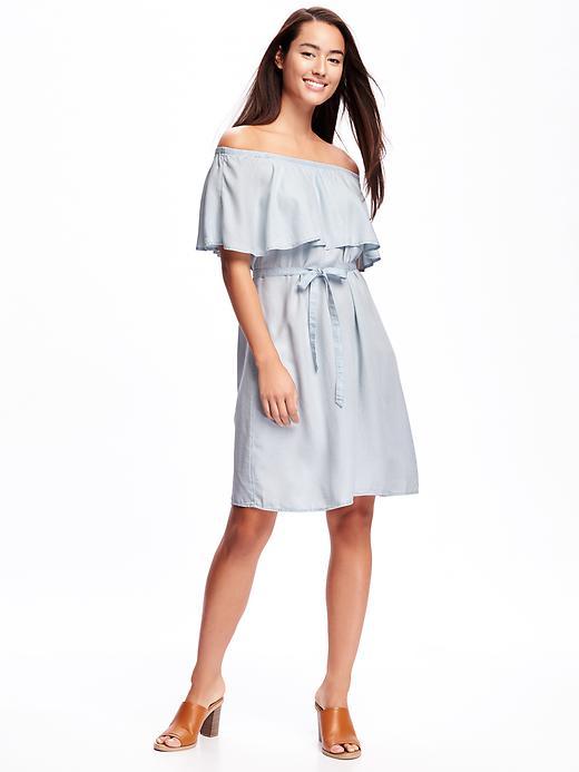Old Navy Off The Shoulder Tie Belt Dress For Women - Light Wash