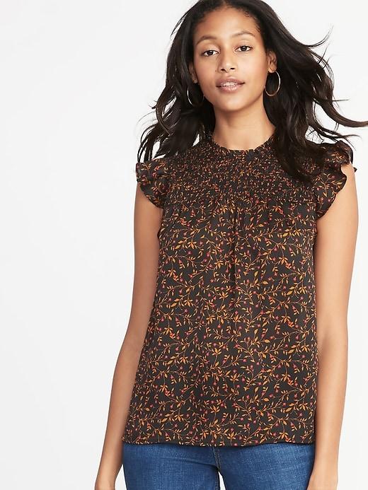 Old Navy Womens Sleeveless Ruffle-trim Crinkle-gauze Swing Top For Women Black Ditsy Floral Size Xs