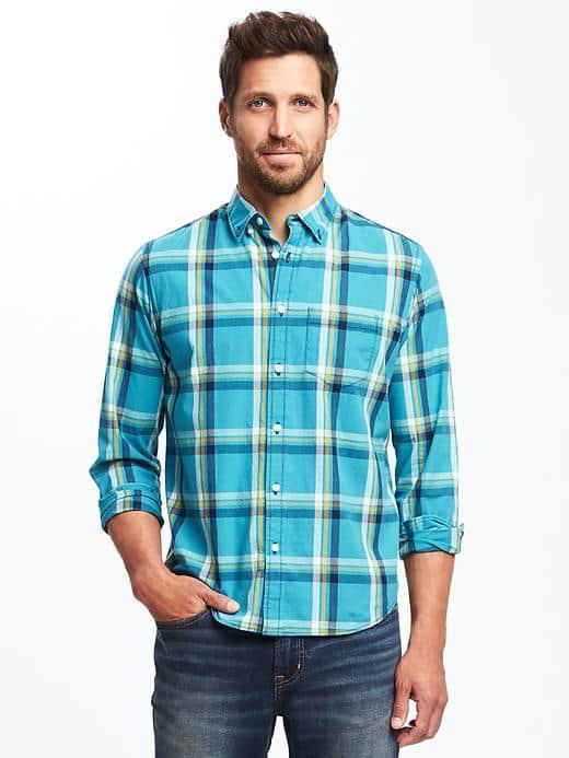 Old Navy Regular Fit Built In Flex Classic Shirt For Men - Blue/teal Plaid