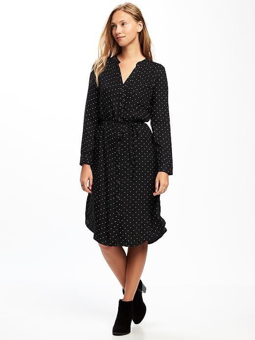 Old Navy Split Neck Crepe Shirt Dress For Women - Black Dots