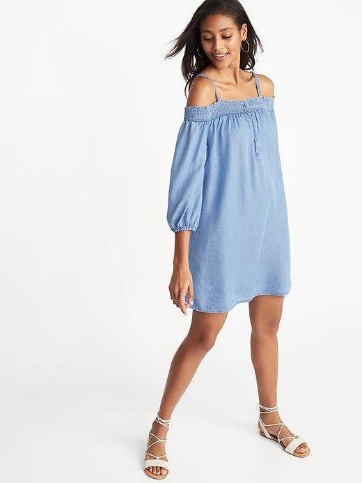 Old Navy Womens Tencel Off-the-shoulder Dress For Women Light Wash Size Xl