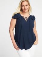 Old Navy Womens Plus-size Lace-up-yoke Ruffle-sleeve Top In The Navy Size 4x