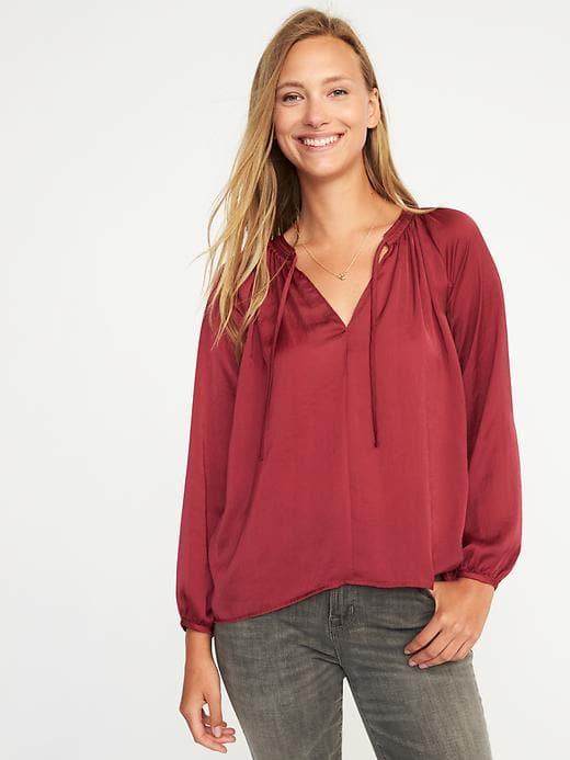 Old Navy Relaxed Tie Neck Sateen Top For Women - Cranberry Sauce