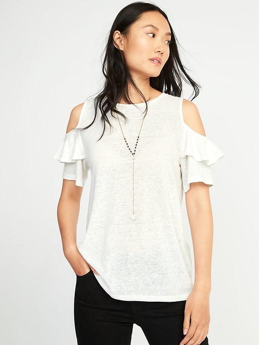 Old Navy Womens Relaxed Linen-blend Cold-shoulder Top For Women Creme De La Creme Size L