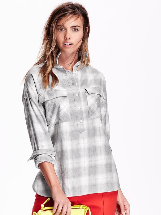 Old Navy Womens Plaid Flannel Pullover Boyfriend Shirt Size M Tall - Light Grey Heather