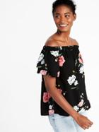 Old Navy Womens Off-the-shoulder Ruffle-sleeve Swing Top For Women Black Floral Size L