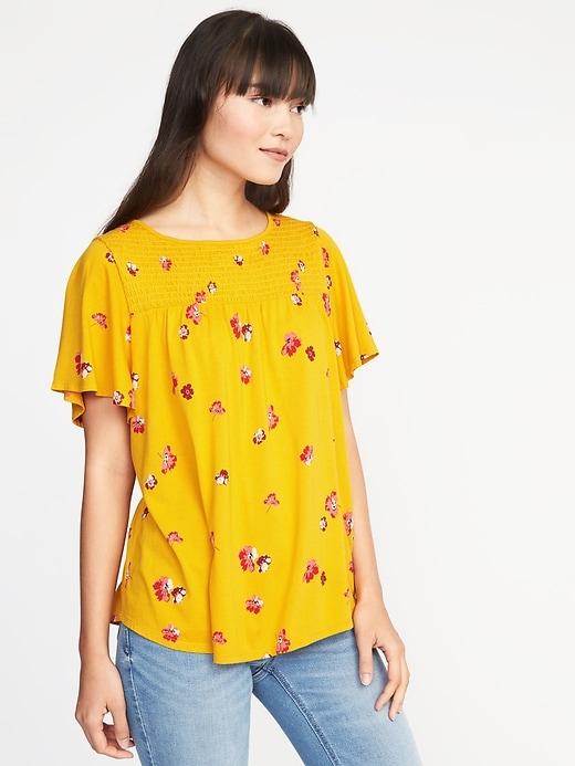 Old Navy Womens Smocked-yoke Flutter-sleeve Top For Women Yellow Floral Size Xl
