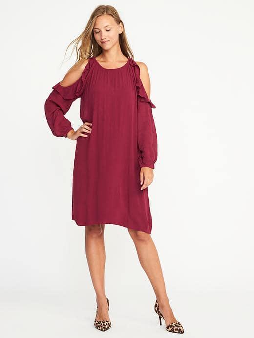 Old Navy Ruffled Cold Shoulder Swing Dress For Women - Gosh Garnet