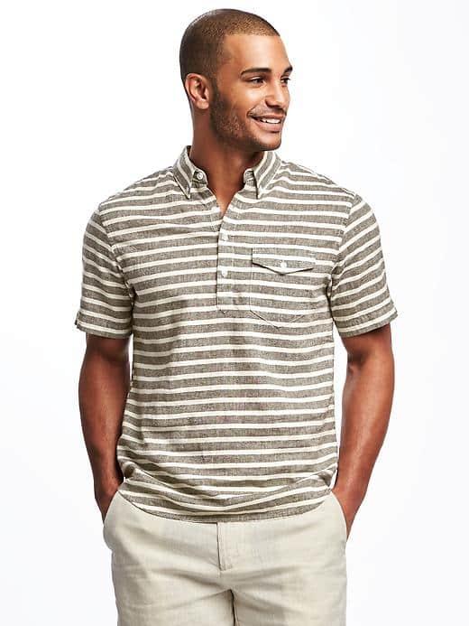 Old Navy Slim Fit Linen Blend Popover Shirt For Men - Gray Stripe