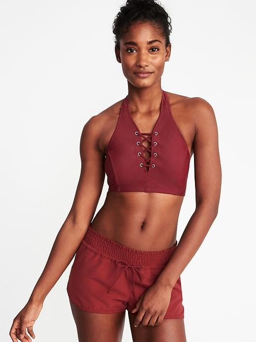 Old Navy Womens High-neck Lace-up Halter Swim Top For Women Golly Gee Garnet Size Xl